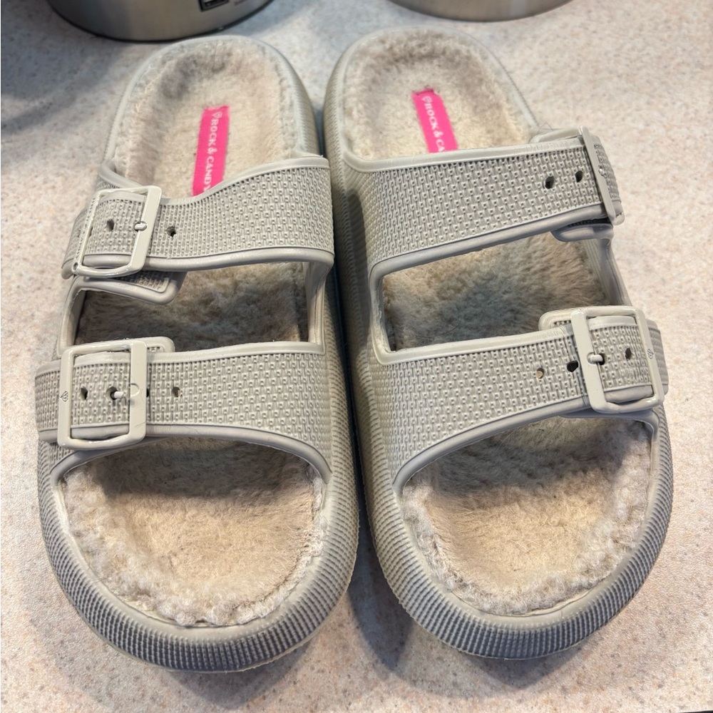 Rock & Candy Beige Fuzzy Sandals